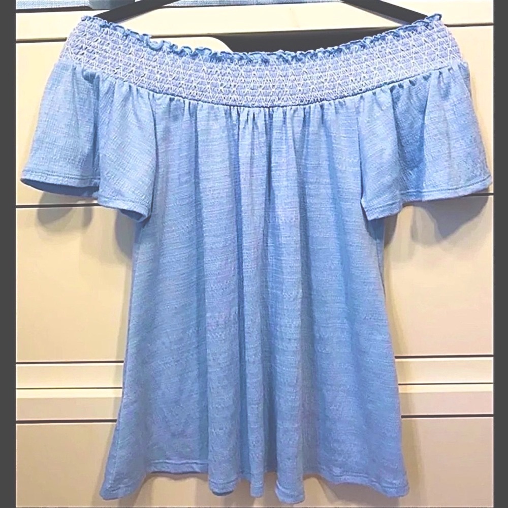 Blue Sz S Cable & Gauge Off Shoulder Top Short Flutter Sleeves Size S Petite